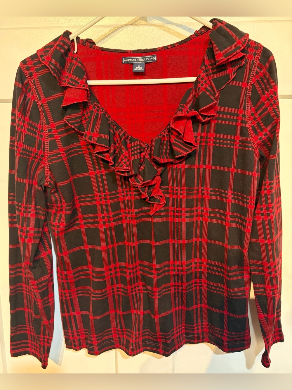 American Living Red and Black Plaid Ruffle V-Neck Long Sleeve Top
